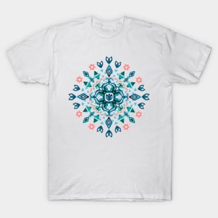 Watercolor Lotus Mandala in Teal & Salmon Pink T-Shirt